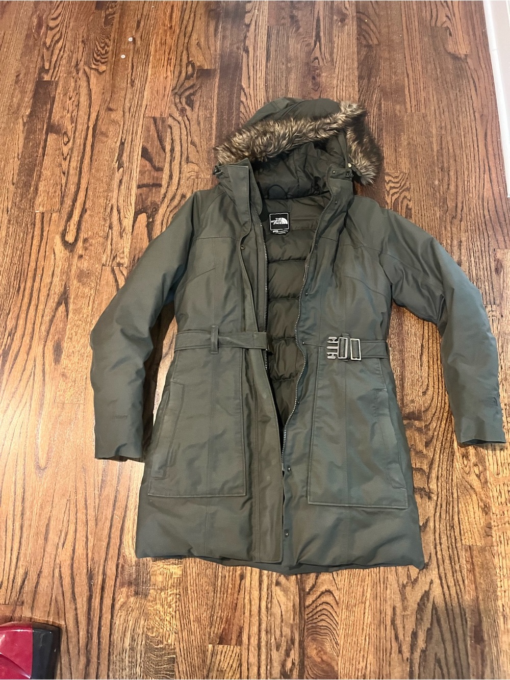 The North Face Olive Green Kids Puffer Parka with Faux Fur Hood